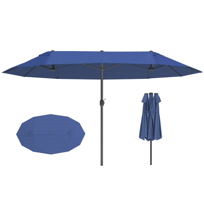 Parasol de jardin exterieur - parasol double rectangulaire - Outsunny - manivelle - polyester - 455x265x238cm - bleu(Bleu)