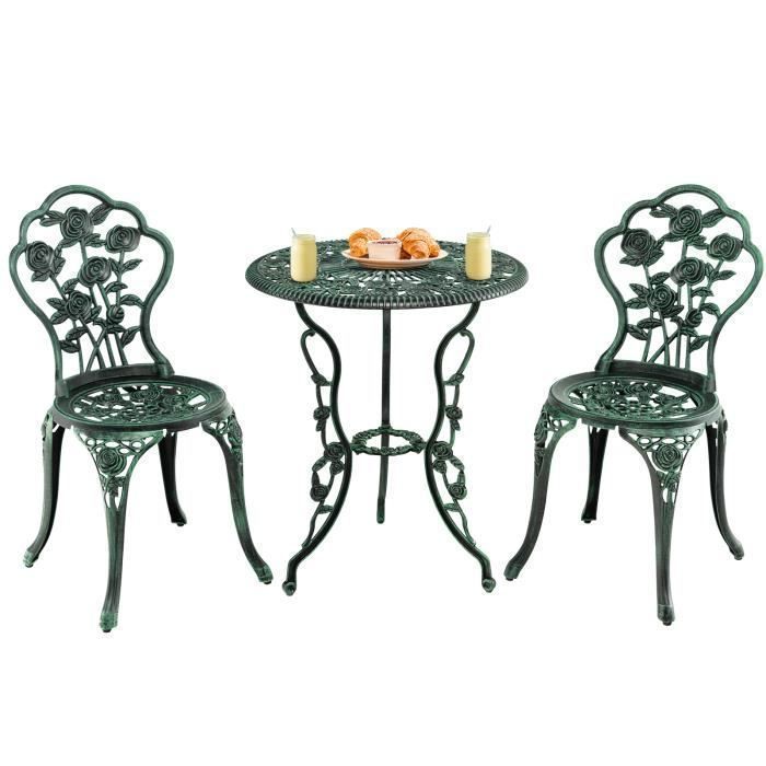 COSTWAY Ensemble Table et 2 Chaises de Patio en Fonte Aluminium, Forme de Rose, Trou pour Parasol, pour Terrasse Cour Jardin(Vert foncé/Style 1/3 pcs)