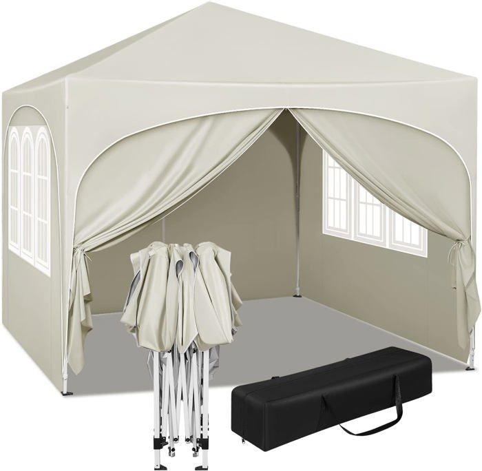 WOLTU Tonnelle de Jardin, Pergola Pliante 3x3m avec 4 Parois Latérales, Hauteur Réglable, Imperméable, Protection de UV, Beige(Beige)