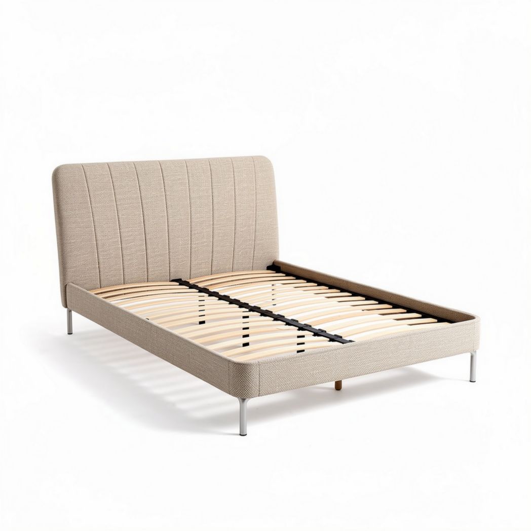 Lit en tissu beige avec sommier à lattes dimensions 200 x 160 x 100cm