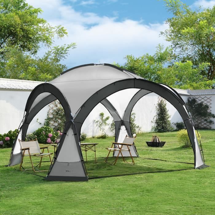 Tonnelle de camping Grästorp avec guirlande à 96 LED 345 x 345 x 247 cm gris foncé(Gris)