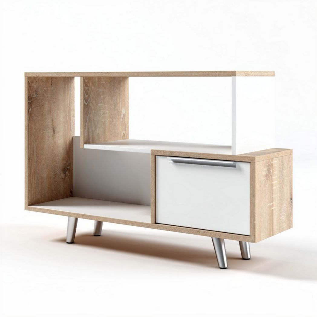 Meuble de rangement en bois clair avec porte blanche 150 x 40 x 80cm