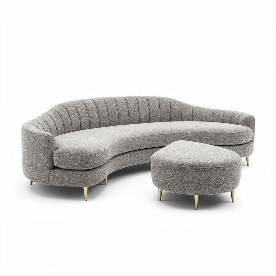 Canapé en tissu gris courbé avec pouf assorti 180 x 90 x 70cm