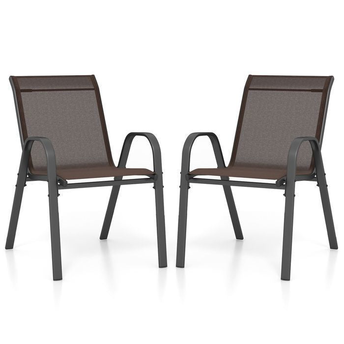 COSTWAY Lot de 2 Chaises de Jardin, Tissu Respirant, Chaises à Manger Empilables avec Accoudoirs, pour Patio Terrasse Porche,Marron(Marron/Lot de 1/Style 1)