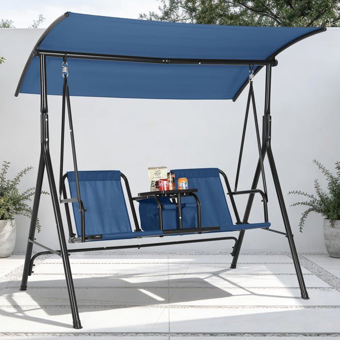 Balancelle 2 places, Toile ajustable, dossier inclinable, tablette pivotante, porte-gobelets et sac isotherme inclus, Bleu(Bleu/120 x 130 x 150 cm)