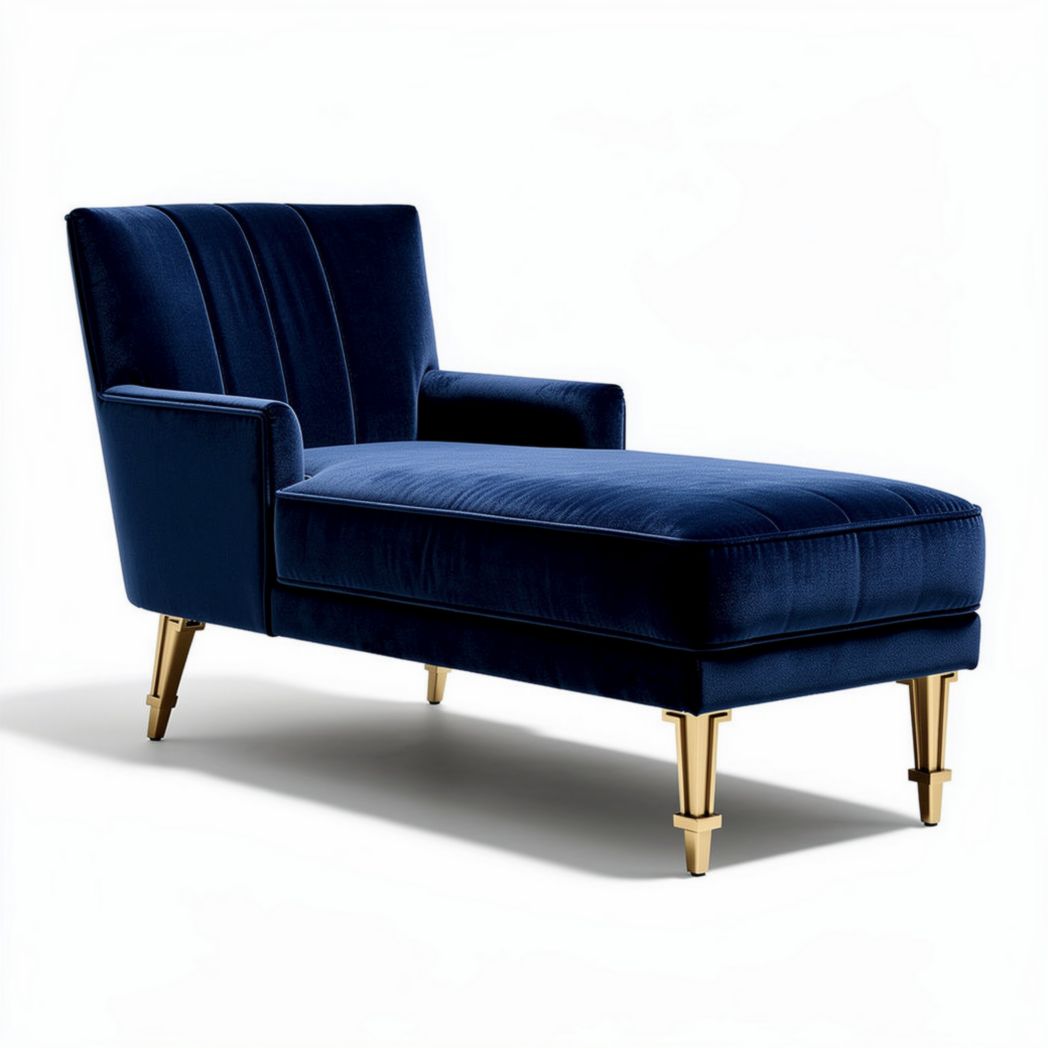 Chaise longue en velours bleu 150 x 75 x 80 cm avec pieds en métal doré