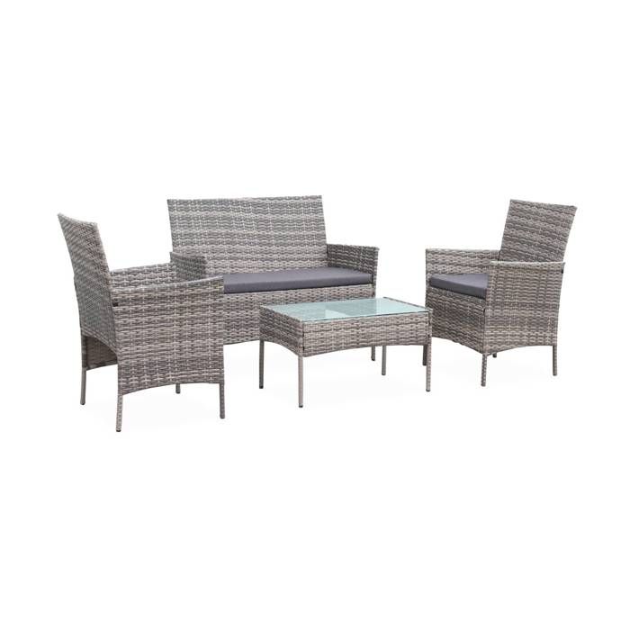 Salon de jardin en résine tressée - Moltès - Nuances de Gris. Coussins gris - 4 places - 1 canapé. 2 fauteuils. une table basse(Nuances de gris et gris)