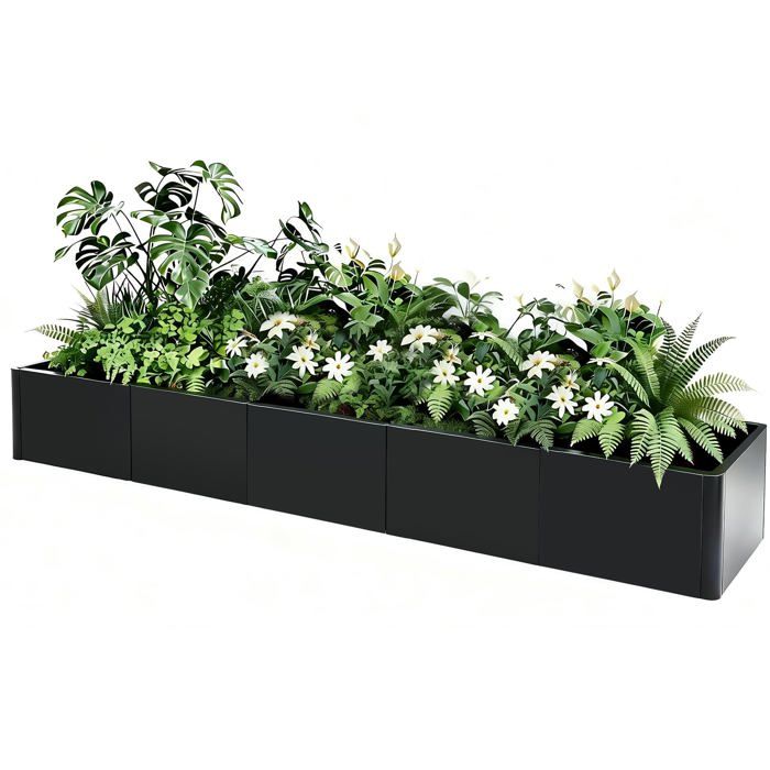Bac à Fleurs Métal Surélevé 178x52x30 cm, Assemblage Sans Outil – Coins Arrondis – Anti-débordement，Carré potager avec fond(Noir/100 x 40 x 45 cm)