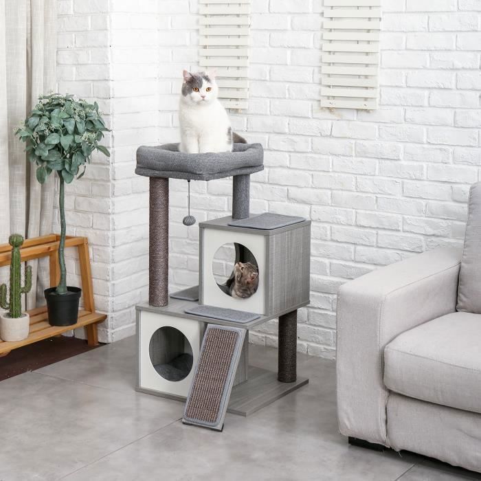 PAWZ Road Arbre a Chat en Bois Design Moderne et Solide, Arbre à Chat avec Grattoir, Sisal, Pompon suspendu, Panier, 89cm, Gris(Gris/M/Bois MDF)
