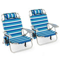 Lot de 2 Chaises de Jardin Extérieur Pliable COSTWAY, Cadre Léger en Aluminium, Dossier Réglable en 4 Positions, Sac Isotherme(Bleu rayé/Lot de 1/Avec appuie-tête)