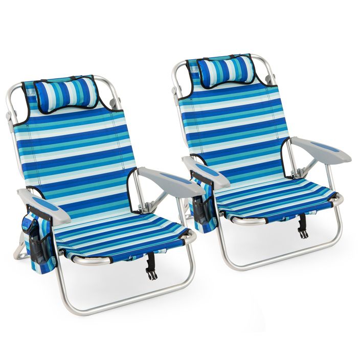 Lot de 2 Chaises de Jardin Extérieur Pliable COSTWAY, Cadre Léger en Aluminium, Dossier Réglable en 4 Positions, Sac Isotherme(Bleu rayé/Lot de 1/Avec appuie-tête)