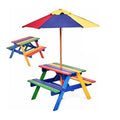 Salon de Jardin pour 4 Enfants COSTWAY - 1 Table et 2 Bancs Extérieur avec Parasol Amovible, Table de Pique-nique en Sapin(Coloré)