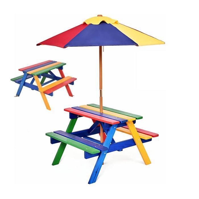Salon de Jardin pour 4 Enfants COSTWAY - 1 Table et 2 Bancs Extérieur avec Parasol Amovible, Table de Pique-nique en Sapin(Coloré)
