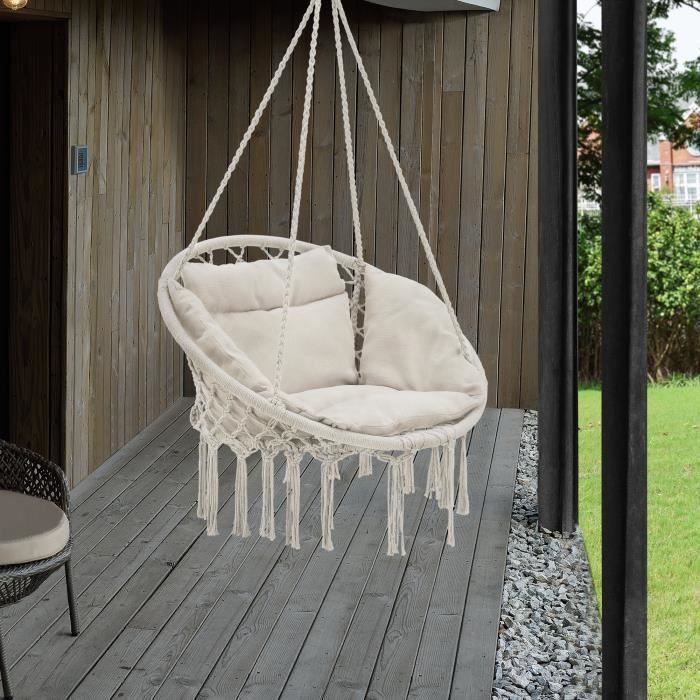 Siège Rond avec Coussin Hamac Kailua avec 4 Cordes d'attache Crème(Blanc crème)