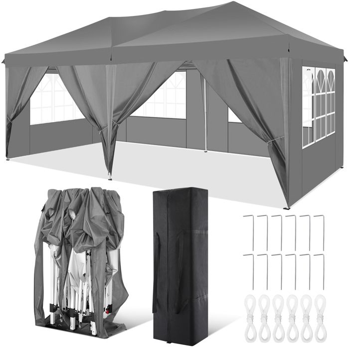 Tonnelle 3x6 m Tonnelle Pliante Imperméable - Tente de Jardin Barnum Professionnel Chapiteau Pliable pour Reception - Gris(Blanc/3 x 3 m avec 4 parois)