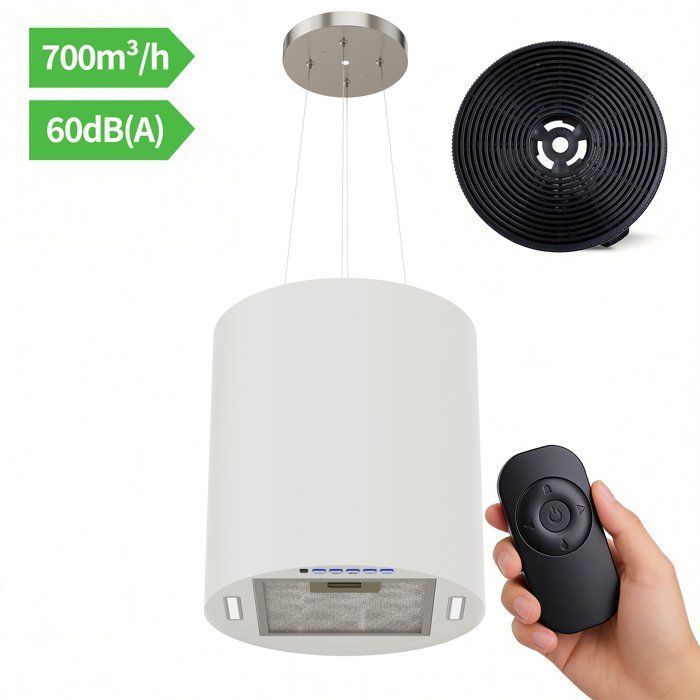 FIREGAS Hotte îlot suspendue 35 cm, 700 m³/h, 3 vitesses, éclairage LED, arrêt différé, 2 filtres à charbon – Blanc Mat(Blanc)