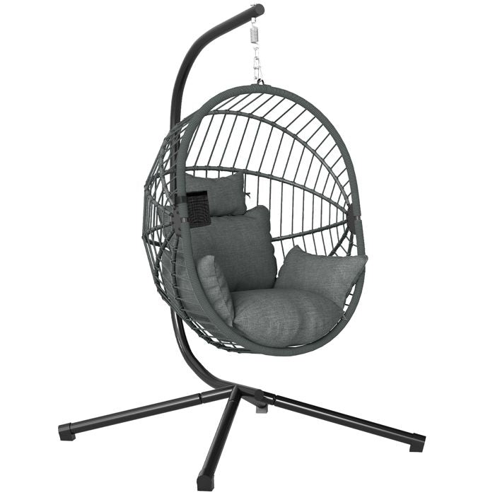 Fauteuil œuf suspendu - Outsunny - intérieur et extérieur - panier pliable - coussin rembourré - poche - cadre en acier - gris(Gris)