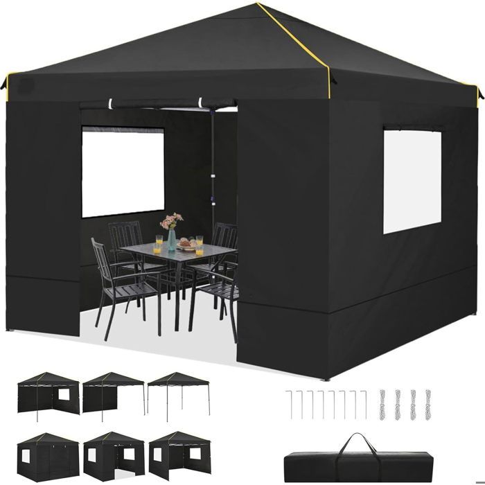 Tonnelle de Jardin,3X3m Tonnelle Pliante POP-UP avec 4 Parois Latérales - Tente Imperméable ,Protection du Soleil UV 50+,Noir(Blanc/3 x 3 m)