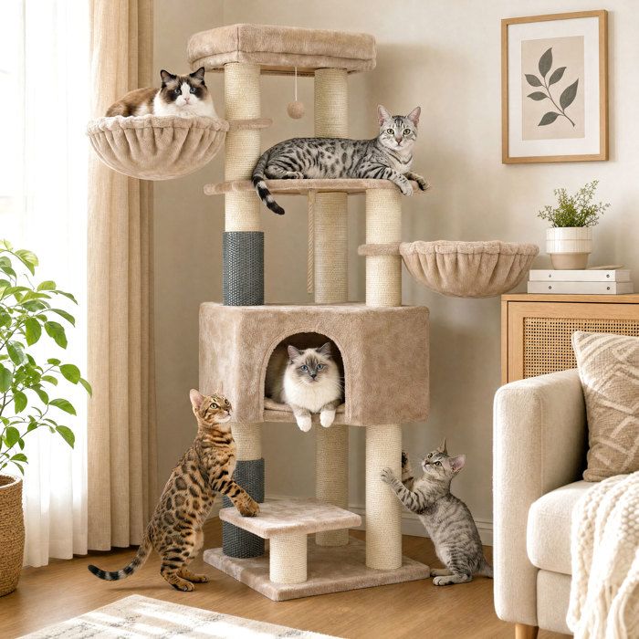 Arbre à Chat avec Couvertures Douces, 2 Brosses pour Chat, Grandes Plateformes, Marron(Marron)