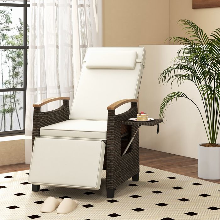Chaise Longue de Jardin en Rotin COSTWAY, Dossier et Repose-pied Réglables, Tablette Latérale Rabattable, Appui-tête, Coussin Blanc(Coussin blanc/A l'unité)