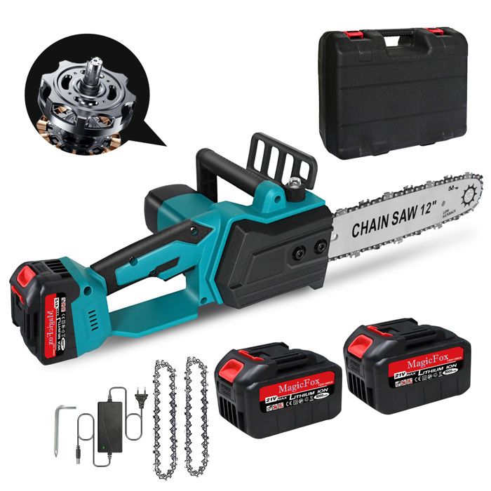 Tronçonneuse Électrique sans Fil 12 Pouces , avec Injecteur de Lubrifiant et 2 Batteries 5.0 Ah, Moteur Brushless , 2 Chaînes -Bleu(Tronc-12P-5A-Bleu)