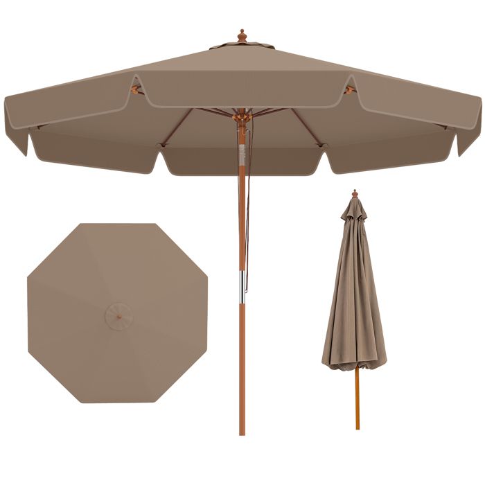 COSTWAY Parasol de Jardin 300 CM en Bois- Inclinaison à Bouton-Poussoir, 8 Baleines Solides pour Plage Terrasse Patio Marron(Gris/300 x 254 cm)