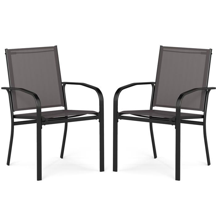 Lot de 2 Chaises de Jardin Extérieur Empilables COSTWAY, Tissu Respirant, Accoudoirs, Dossier, Cadre en Métal, pour Bistro Terrasse(Gris foncé/Lot de 2)