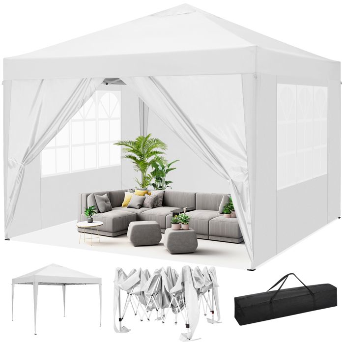 Tonnelle Pliante de Jardin 3x3m, Tente de Réception Imperméable avec 4 Côtés, Revêtement Protecteur argenté, Protection UV (Blanc)(Blanc/3 x 3 m avec 4 parois)