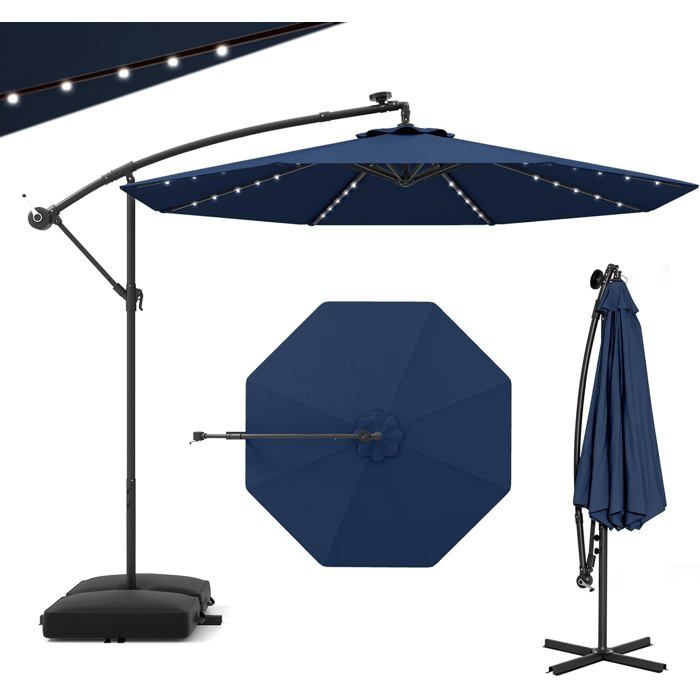 GIANTEX Parasol de Jardin Extérieur avec Pied - 3x3M - 40 Lampes Solaires - Inclinable - Manivelle - 8 Baleines - UPF50+, Bleu(Beige/300 x 300 x 240 cm/32 LED)