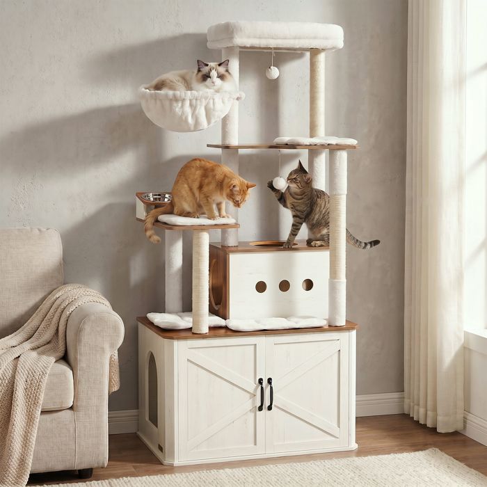 Arbre à Chat de 170 cm de Haut, Niche pour Chat, Meuble Cache-Litière, Marron et Blanc(Marron miel et blanc rustique/L)
