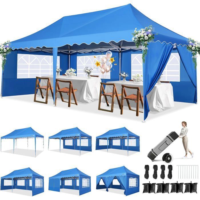 Tonnelle Barnum Pliante 3x6 de Jardin Extérieur avec 6 Parois, Sac à roulettes et 4 Sacs de Sable, Imperméable et UV50+,Bleu(Blanc)