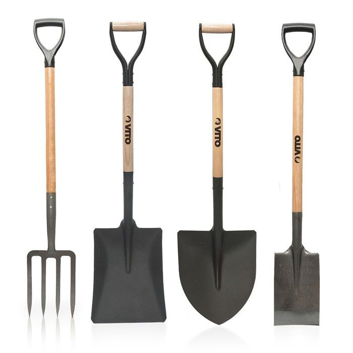Pack 4 outils de jardin Acier Manche en Bois Fourche + Pelle carrée + Pelle ronde + Bêche VITO(Lot de 4 outils)