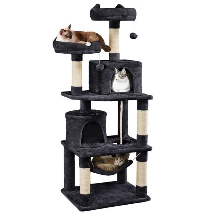 Arbre à Chat YAHEETECH - Tour à Griffer avec 2 Niches-Hamac Colonne en Sisal - Hauteur 158 cm Noir(Noir)