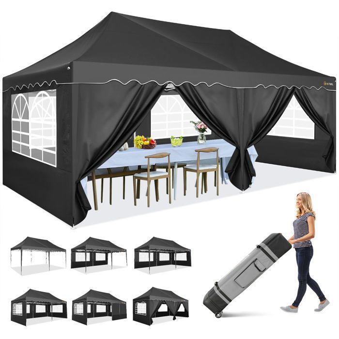 Tonnelle Pliante 3x6 ImperméAble, avec 6 Parois LatéRales, Barnum Pliante avec Construction à Une PousséE pour FêTes, Mariages, Noir(Bleu)