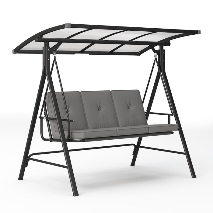 Balancelle de Jardin - Bealife - 3 Places - Convertible Lit - Toit Réglable - Métal - Coussin - Dossier - Balcon - Terrasse - Gris(Gris foncé)