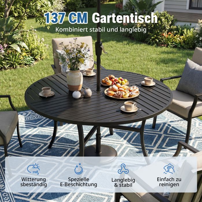 Table de Jardin Ronde 137 cm Noir pour 4-6 Personnes Acier Revêtu E-Coating Garantie 1 An(Diamètre : 137 cm)