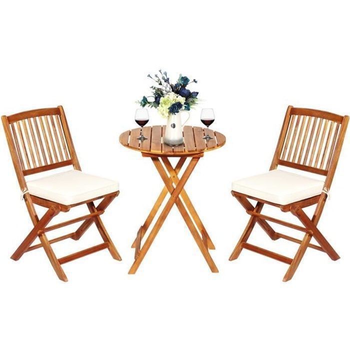 COSTWAY Ensemble de Table et 2 Chaises Pliable en Bois d'Acacia pour Bistrot, Jardin, Terrasse, Couleur Bois Naturel(Naturel et beige/3 pcs)