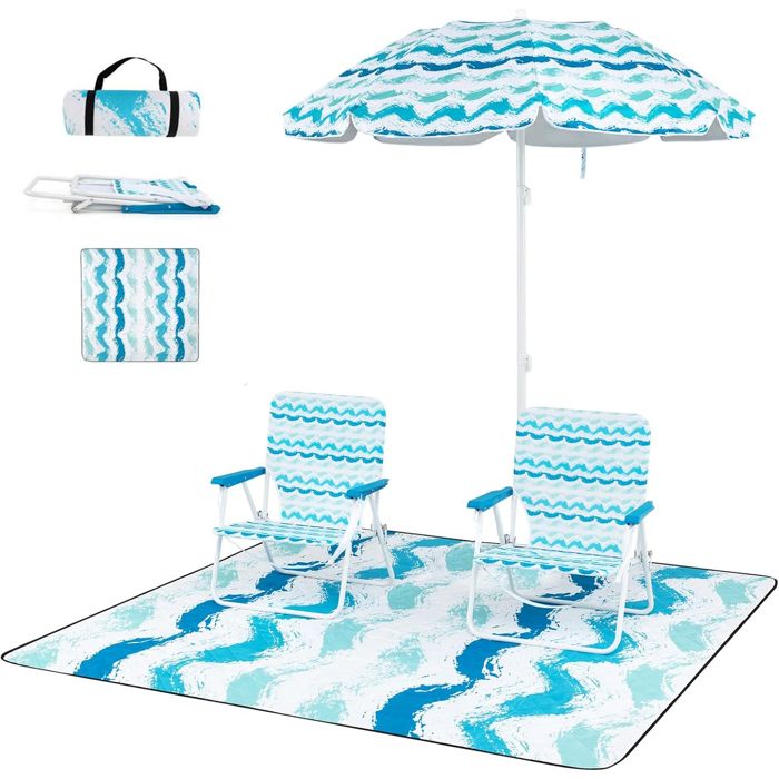 COSTWAY Ensemble 4 PCS avec 2 Chaises de Jardin Pliables et Parasol Portable Inclinable 190cm, Tapis 2 x 2m, Sac de Transport, Bleu(Bleu)