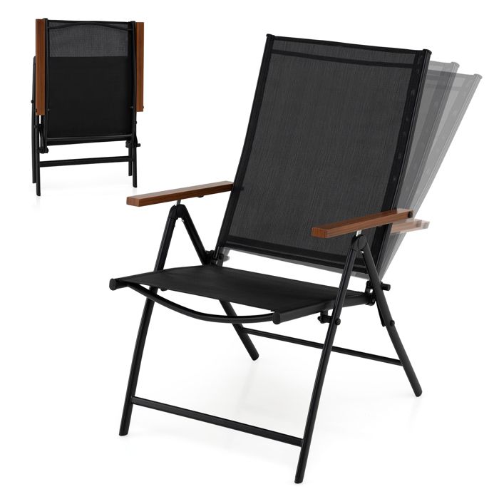 Lot de 2 Chaises Pliantes de Jardin COSTWAY, Dossier Ajustable à 5 Positions, Accoudoirs, Cadre en Métal, Extérieur Intérieur, Noir(Noir/Lot de 2)