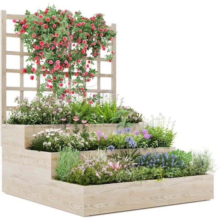 Jardin Vertical en Bois à 3 Niveaux avec Treillis et Fond Ouvert pour Plantes Grimpantes, Légumes, Herbes - Bac de Plantation(Bois/105 x 26)