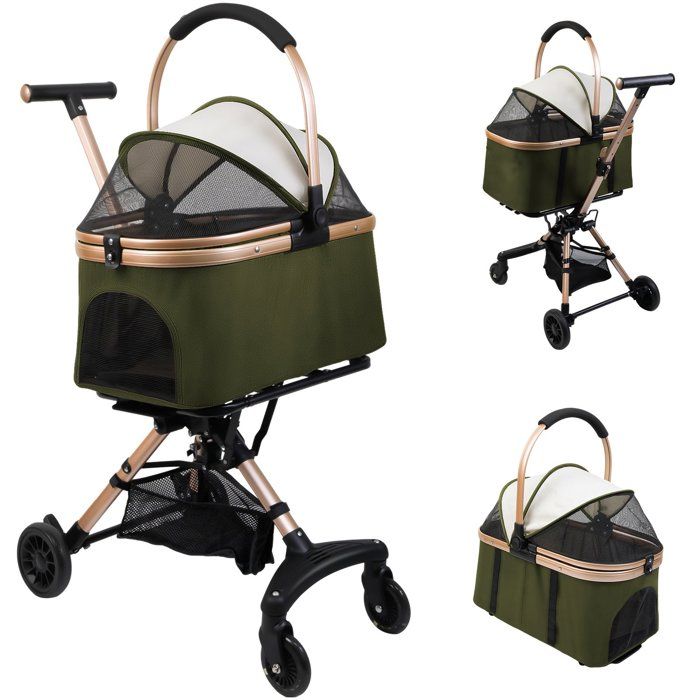 Vert Poussette pliable pour Chien Chat avec Sac de transport amovible, 56x33x92cm, Chariot pour animaux avec panier et porte-gobelet(Vert)