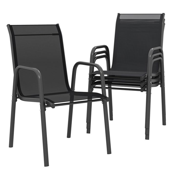Lot de 4 Chaises de Jardin Extérieures - Outsunny - Empilables - Accoudoirs et Dossier Haut - Cadre en Métal - 51x69x87cm - Noir(Lot de)
