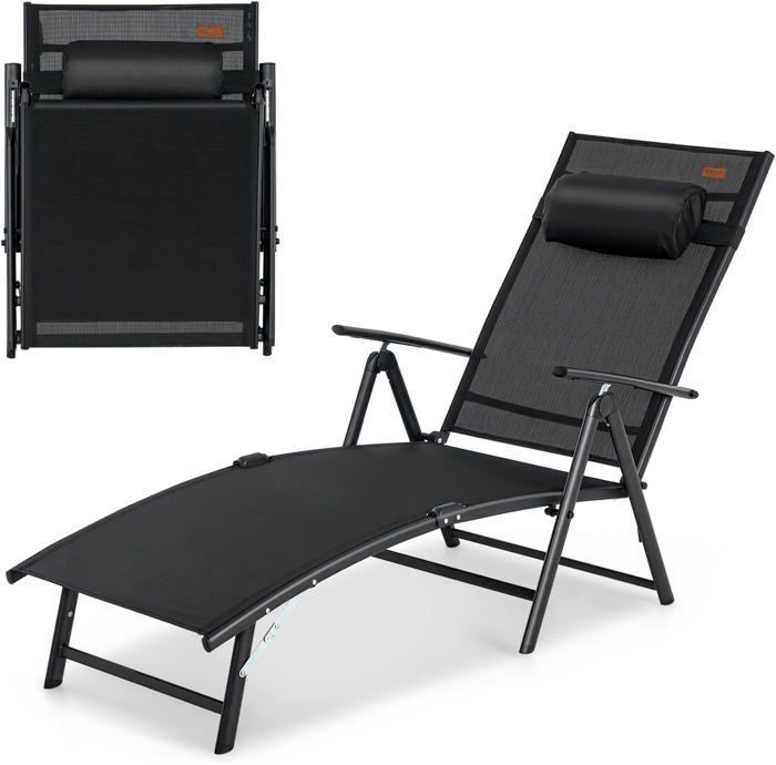 GOPLUS Chaise Longue Pliante avec Dossier Réglable à 7 Niveaux avec Accoudoir et Repose-tête-Transat Jardin Charge 150 KG Noir(Noir)