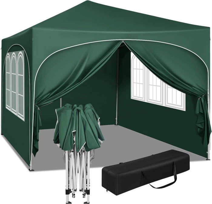 WOLTU Tonnelle de Jardin, Pergola Pliante 3x3m avec 4 Parois Latérales, Hauteur Réglable, Imperméable, Protection de UV, Vert(Beige)