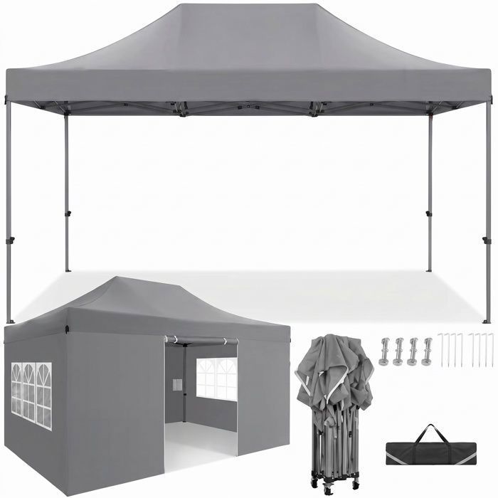 Tonnelle Pliante 3x4.5m Tente de Jardin étanche Stable avec 4 Parois latérales abri extérieur pour Réception Camping ,Gris(Blanc/3 x 3 m avec Parois Latérales)