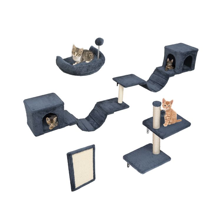 Balconera Lot 8 Murs escalade Chat - Peluche Stable, Arbre Mural Griffoirs, Pont, Escaliers  Boule, Gris Foncé(Gris foncé)