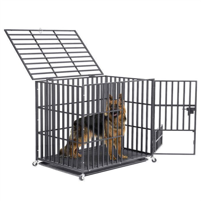 Cage Chien Solide Caisse de Transport sur Roulette Cages Robuste Extérieur en Métal avec 3 Porte et Plateau 95x81x57cm(L)