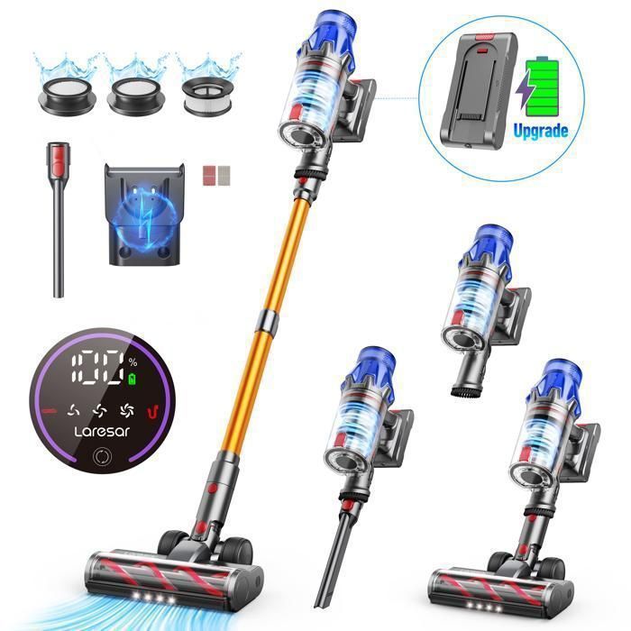Aspirateur Balai sans fil Laresar V7S – Autonomie 90 min / 75 kPa / 650 W – Batterie amovible – Parfumé – Filtration ultra‑efficace(75 kPa / 90 min)