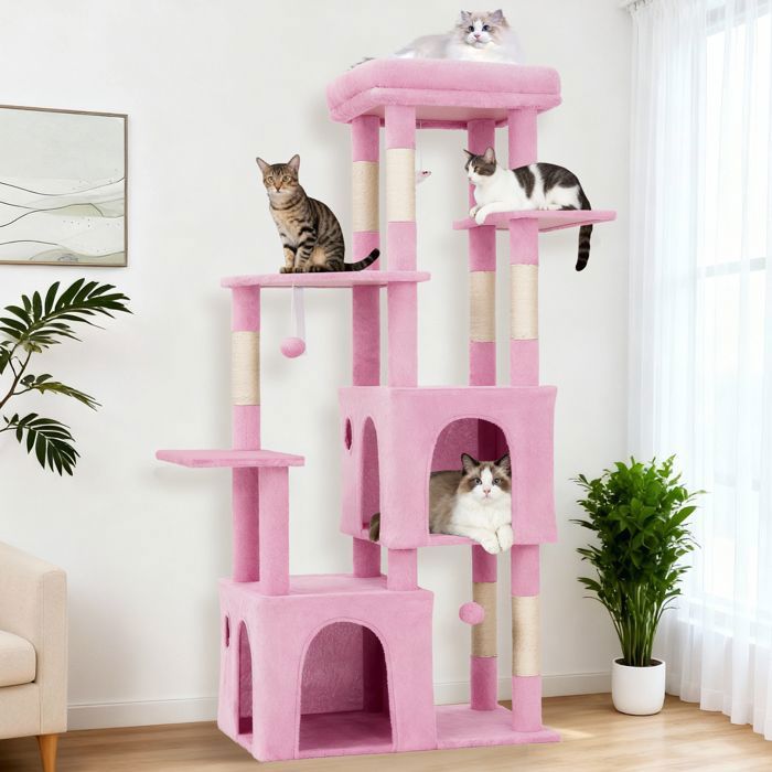 Arbre à chat multiniveau - GARVEE - avec griffoir, plateforme, jouets suspendus intégrés et 2 cabanes, Hauteur 155 cm - Rose(Rose)