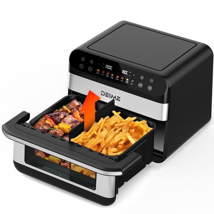 DEIME Air Fryer 5L+5L - Friteuse sans huile Capacité 10L - 8 Préprogrammes - 2400W - Séparateur amovible - Fenêtre - Noir(Noir et gris/Capacité : 10L)